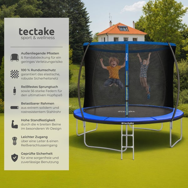 Blaues Gartentrampolin mit Sicherheitsnetz und zwei Kindern, die darauf springen