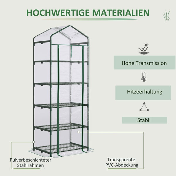Outsunny Foliengewächshaus, Mini-Gewächshaus mit 5 Regale,  69 x 49 x 193 cm,  Stahl Kunststoff, Transparent+Grün