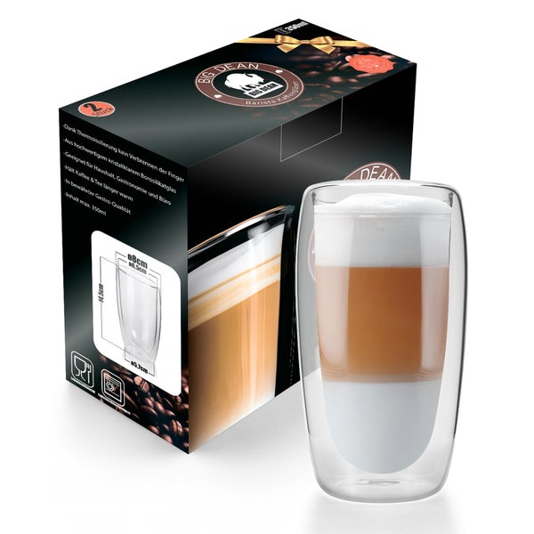 Set mit 2 doppelwandigen Big Dean Barista Kaffeegläsern aus Borosilikatglas, 350 Milliliter, lebensmittelecht und spülmaschinengeeignet.