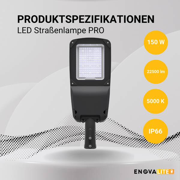 LED-Straßenlampe mit Produktspezifikationen und EnovaLite Logo