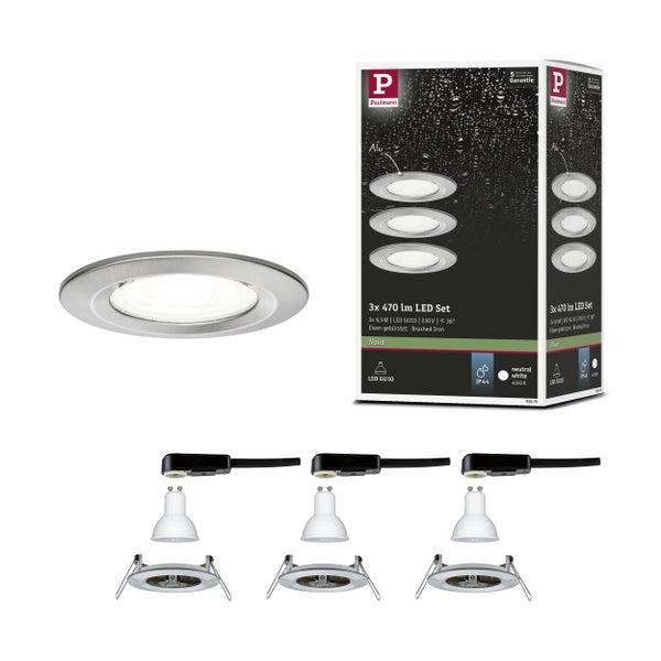Paulmann Nova LED Einbauleuchten Set mit 3 x 470 Lumen GU10 Leuchtmitteln aus gebürstetem Eisen für den Innenbereich