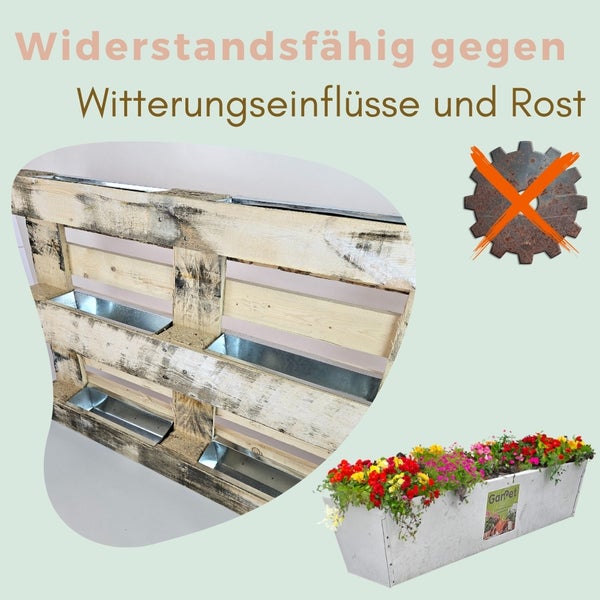 Paletten-Blumenkasten aus Holz mit verzinkten Metalleinsätzen, witterungsbeständig und rostfrei.