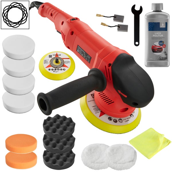 17-teiliges Exzenter Poliermaschinen-Set tectake  inklusive Lackpolitur, Mikrofasertuch und 2 Ersatzkohlen 710 W schwarz/rot