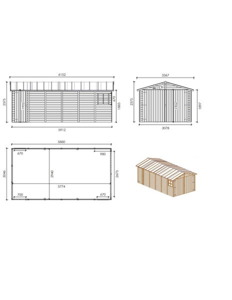 Großes Gartenhaus aus Holz mit Doppeltür und Seitenfenster und dunklem Dach als Lagerschuppen oder Garage.
