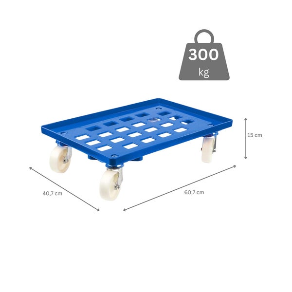 PROREGAL SparSet 6x Transportroller für Euroboxen 60 x 40 cm mit Kunststoffräder Blau Gitter/Rasterdeck 4 Lenkrollen Traglast 300 kg