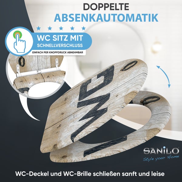 WC Sitz mit Holzoptik Motiv und Absenkautomatik sowie Schnellverschluss zum einfachen Abnehmen auf Knopfdruck Sanilo Logo