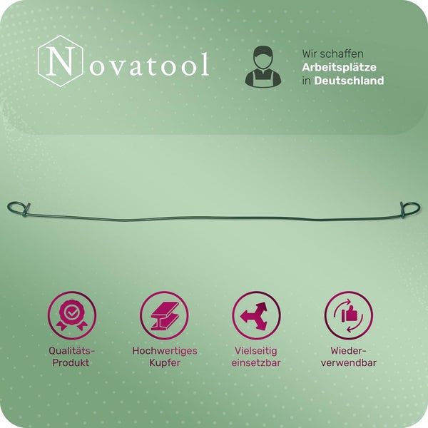 Novatool Logo, grüner Bindedraht aus Kupfer mit Ösen, Qualitätssiegel, hochwertiges Kupfer, vielseitig einsetzbar, wiederverwendbar.