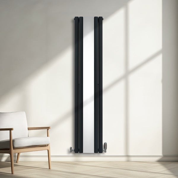 Oval Röhrenheizkörper mit Spiegel & Chrom Thermostatventile - 1800mm x 380mm – Anthrazitgrau