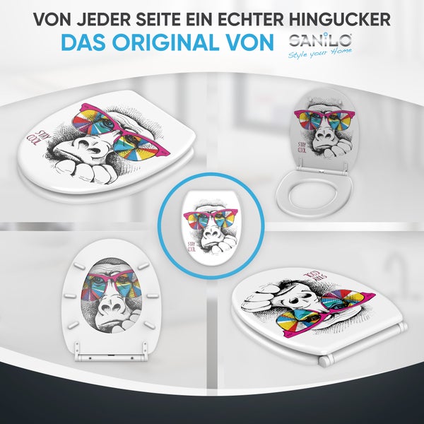 Sanilo Toilettendeckel mit Gorilla-Motiv und STAY COOL Schriftzug in verschiedenen Ansichten.