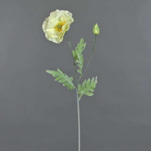 Künstlicher Mohn mit einer geöffneten Blüte, einer geschlossenen Knospe und behaartem Stiel.
