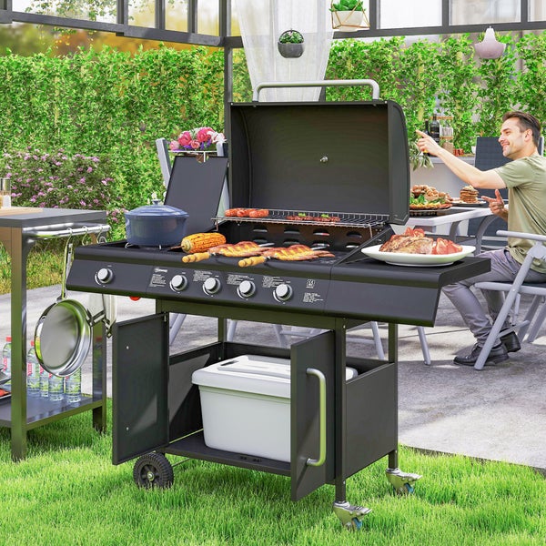 Outsunny Gasgrill 15,2 KW Grillwagen inkl 5 Edelstahl-Brenner Rolle Seitenkocher Druckminderer Gasschlauch Deckel Thermometer Seitenablagen, BBQ Gartengrill für Balkon, Grill 129,5 x 56 x 110 cm