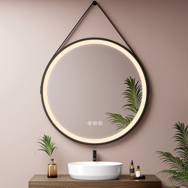 EMKE Badspiegel mit Beleuchtung LED-Spiegel mit Touchschalter,  rund, Anti-Beschlag, 3 dimmbare Lichtfarben, ф80cm