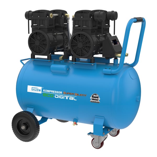 Blauer Güde Super Silent Eco Digital Kompressor mit zwei Einheiten und Rollen