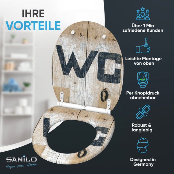 Sanilo WC Sitz mit Holzoptik und WC Schriftzug sowie Produktvorteilen wie einfacher Montage und Abnehmbarkeit per Knopfdruck.