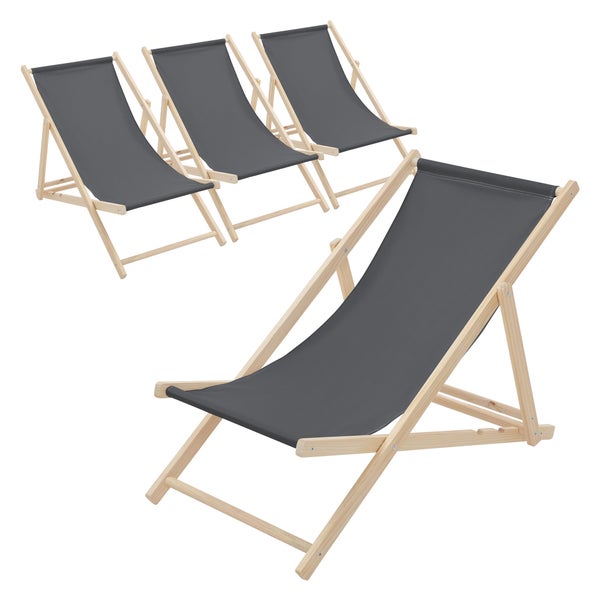 Set aus vier Liegestühlen aus Holz mit dunkelgrauem Stoffbezug.