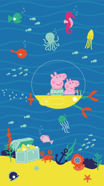 Illustration einer Unterwasserwelt mit Peppa Wutz und Schorsch in einem U-Boot