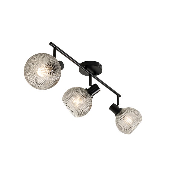 Deckenleuchte mit drei Strahlern und strukturierten Glasschirmen