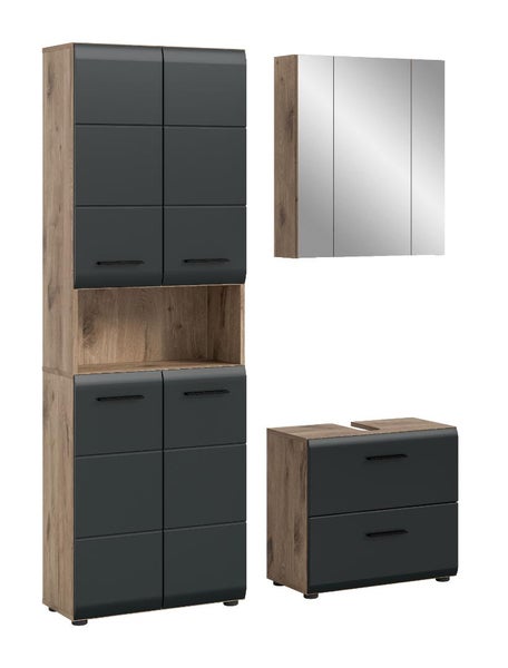 Badezimmermöbel-Set bestehend aus Hochschrank, Spiegelschrank und Waschbeckenunterschrank in Holzoptik und Anthrazit mit schwarzen Griffen.