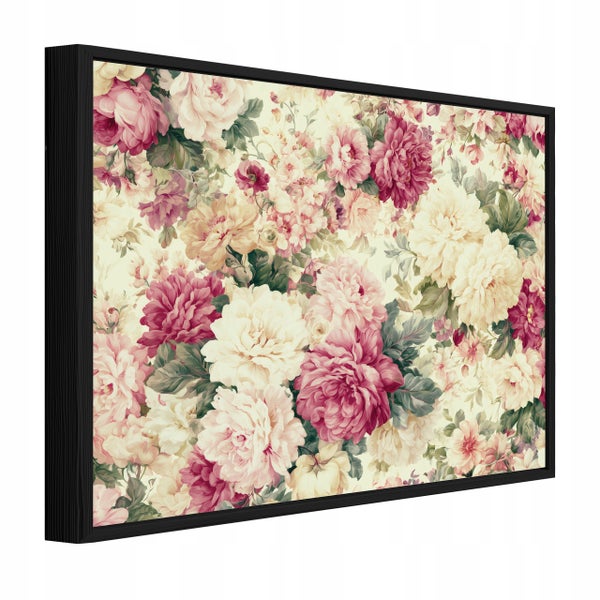 Wandbild mit Blumenmotiv in einem schmalen schwarzen Rahmen, perspektivische Ansicht