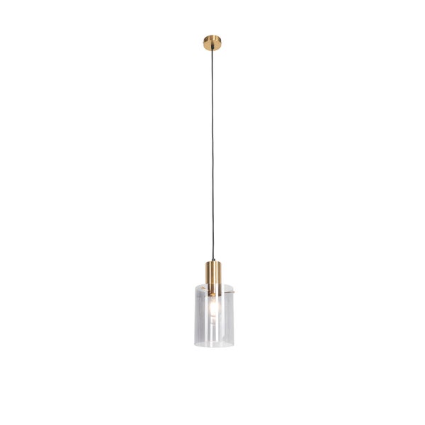 Pendelleuchte mit zylindrischem Glasschirm und goldfarbener Metallhalterung.