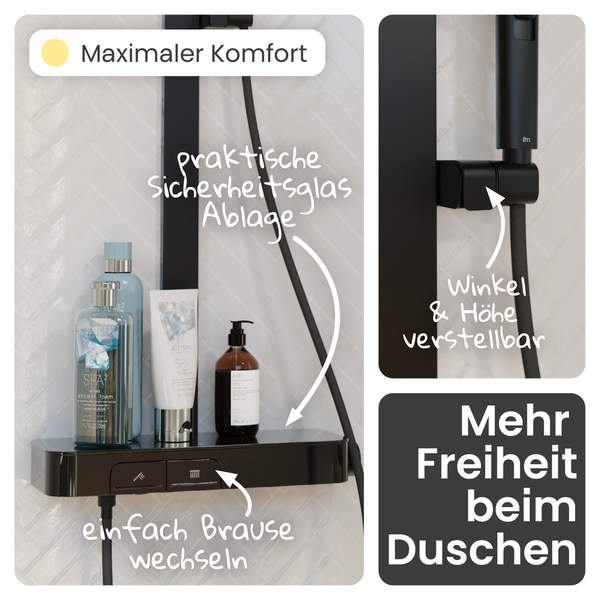 Schwarzes Duschsystem mit Ablage aus Sicherheitsglas, Knöpfen zum Wechseln der Brause und verstellbarem Brausehalter an einer Stange.