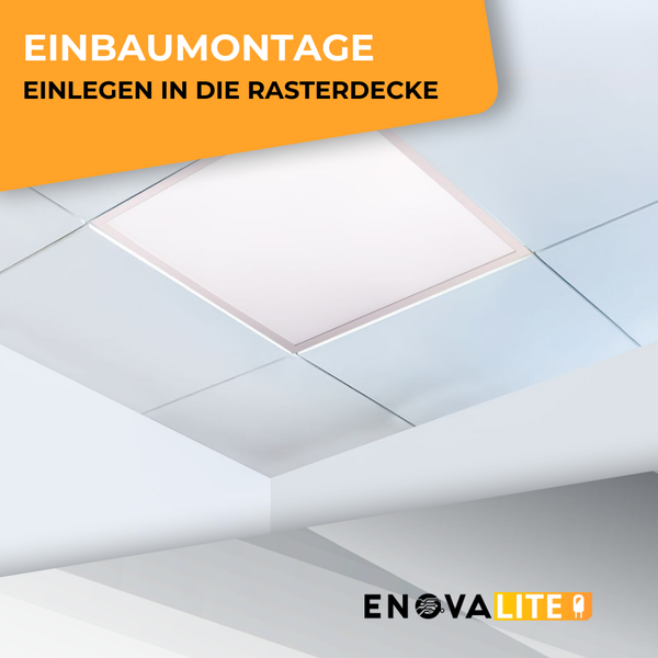 LED Panel Montageanleitung für die Einlegemontage in eine Rasterdecke mit Enovalite Logo