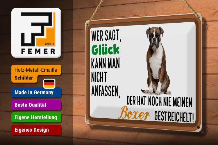 Blechschild Spruch 30x20cm Glück nicht anfassen Boxer Hund