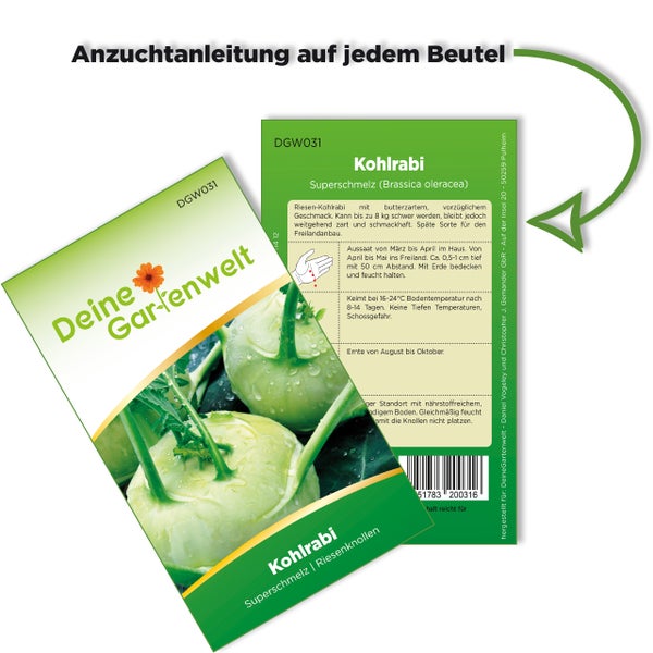 Samenpackung für Kohlrabi Superschmelz von Deine Gartenwelt mit Vorder- und Rückseite inklusive Anzuchtanleitung.