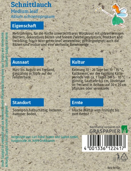 Rückseite der Samenpackung für Schnittlauch Medium leaf mit Informationen zu Aussaat, Standort und Ernte auf Graspapier von Carl Pabst.
