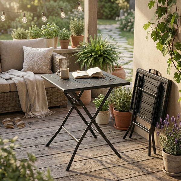 Moderner anthrazitfarbener Metall-Klapptisch auf einem Holzbalkon mit Stadtblick, dekoriert mit Kaffeetasse, Buch und Sonnenbrille sowie Pflanzen.
