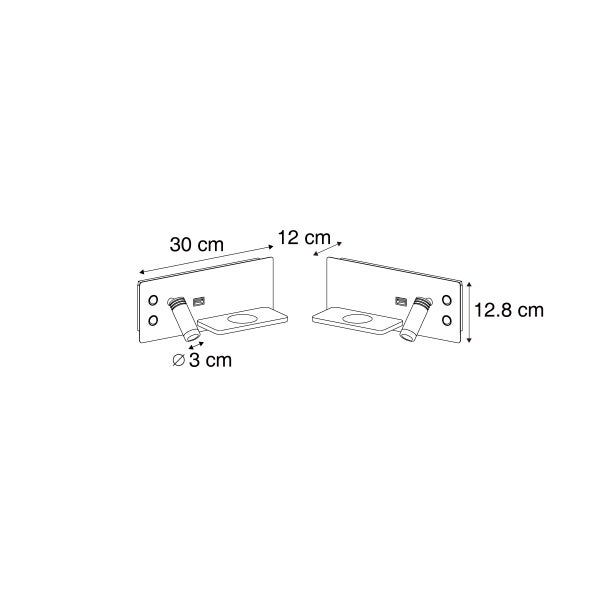 Wandleuchte mit Ablage und Spot, Breite 30 Zentimeter, Höhe 12,8 Zentimeter, Tiefe 12 Zentimeter, Durchmesser Spot 3 Zentimeter.