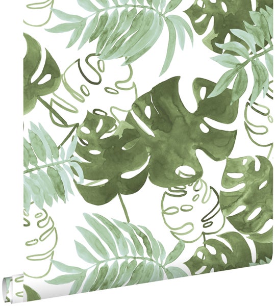 ESTAhome Tapete gemalte, tropische Dschungelblätter Olivgrün - 53 cm x 10,05 m - 138888