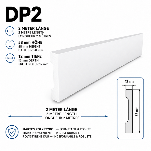 Weiße Sockelleiste aus hartem Polystyrol DP2, 2 Meter lang, 58 Millimeter hoch und 12 Millimeter tief, formstabil und robust.