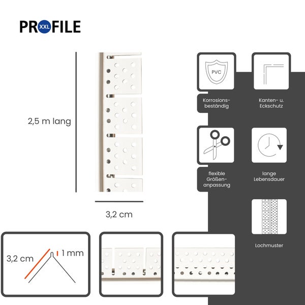XXL Profile Logo, weißes PVC Eckprofil mit Lochmuster, 2,5 Meter lang, 3,2 Zentimeter breit, 1 Millimeter stark, korrosionsbeständig.