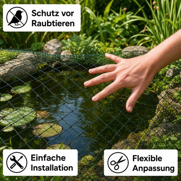 Teichnetz als Schutz vor Raubtieren über einem Gartenteich mit Hand zur Veranschaulichung der Maschenweite, inklusive Montage- und Anpassungshinweisen