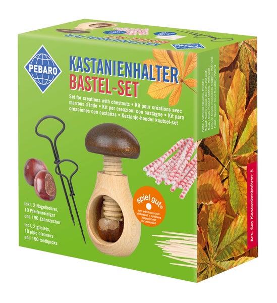 Pebaro Kastanienhalter Bastelset mit zwei Nagelbohrern, zehn Pfeifenreinigern und einhundertneunzig Zahnstochern für herbstliche Bastelarbeiten.