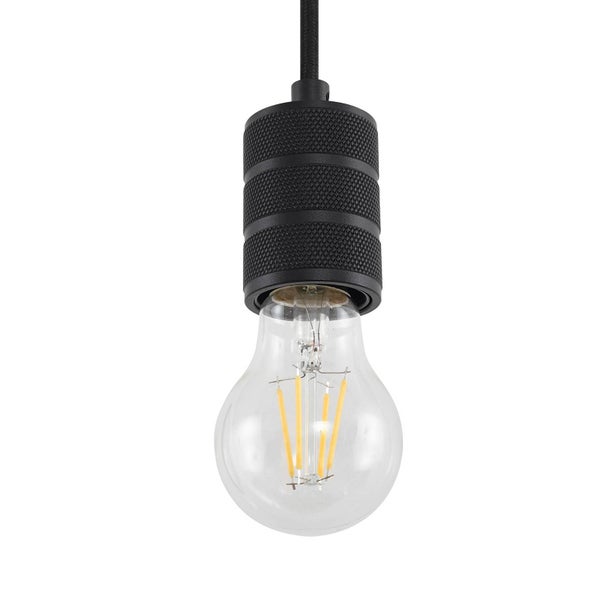 Pendelleuchte mit schwarzer, strukturierter Fassung und LED-Filament-Leuchtmittel an einem Textilkabel.