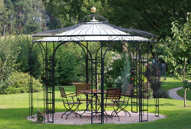 Pavillon ELEO Florenz Ø 3,7 m schwarz - pulverbeschichtet | mit Dekorkugel und Sonnensegel ecru