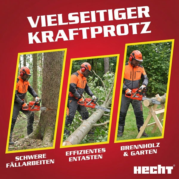 Hecht Kettensäge im Einsatz für schwere Fällarbeiten, effizientes Entasten und Brennholz sowie Gartenarbeiten