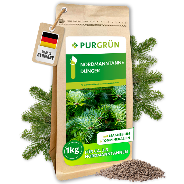 Purgrün Nordmanntanne Dünger, 1 Kilogramm Packung, geeignet für Nordmanntannen mit Magnesium und Tonmineralien, Made in Germany.