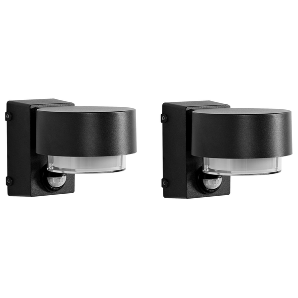 Zwei moderne schwarze Außenwandleuchten mit Bewegungsmelder und nach unten gerichtetem Licht.