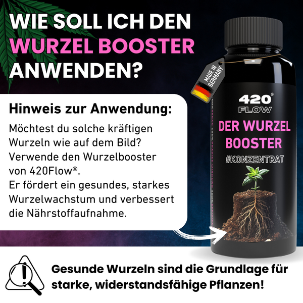 420 Flow Wurzelbooster Konzentrat für starkes Wurzelwachstum und verbesserte Nährstoffaufnahme in einer Flasche mit Made in Germany Hinweis.