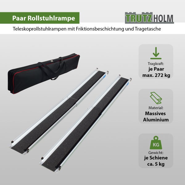 TRUTZHOLM 2 x Teleskoprampe 135 - 244 cm Traglast 272 kg Alu Rollstuhlrampe Antirutsch beschichtet m.Tasche
