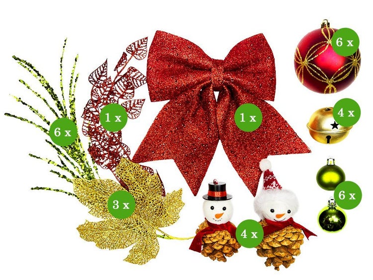 Weihnachtsbaumschmuck Set mit Glitzer Schleife, Schneemännern aus Zapfen, verschiedenen Weihnachtskugeln und dekorativen Zweigen.