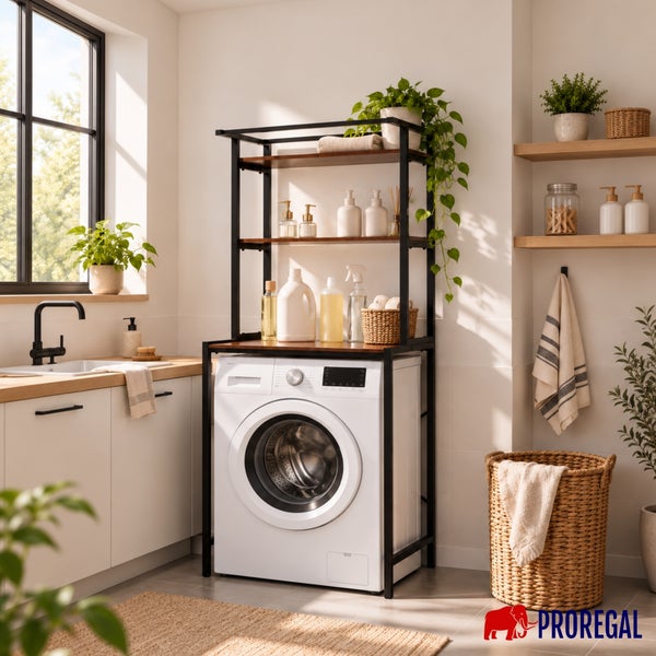 Waschmaschinenregal mit Holzregalböden und Metallrahmen in einer hellen Waschküche mit Waschbecken und Dekoration von Proregal.