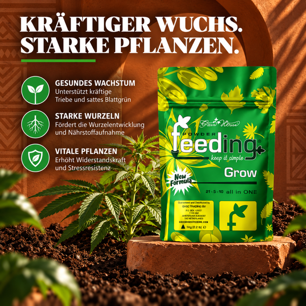 Green House Powder Feeding Grow Pflanzendünger in der 1 Kilogramm Packung zur Förderung von Wachstum und Wurzelbildung für kräftige Pflanzen.