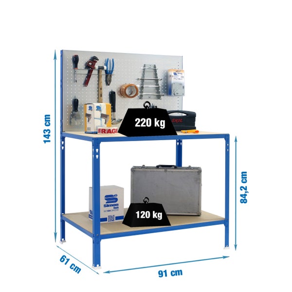 Werkbank BUFALLO LIGHT mit Lochwand & 2 Ebenen | HxBxT 144,5x90x60cm | Traglast 220kg | Blau/Verzinkt
