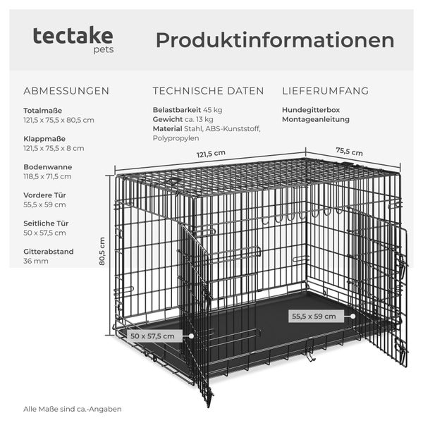 tectake pets Logo. Hundegitterbox aus Stahl, 121,5 mal 75,5 mal 80,5 Zentimeter, klappbar, mit zwei Türen, Belastbarkeit 45 Kilogramm.