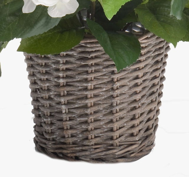 Künstliche Monstera-Pflanze mit großen grünen Blättern und Luftwurzeln in einem schwarzen Kunststofftopf.