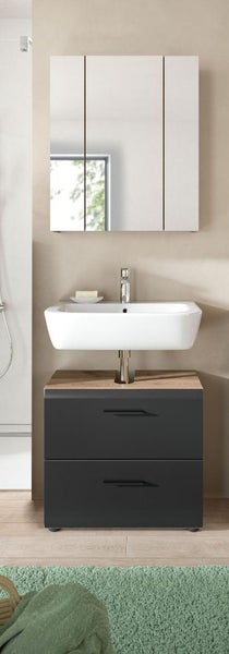 Modernes Badezimmerset mit weißem Aufsatzwaschbecken, dunkelgrauem Unterschrank mit Holzoptik-Platte und dreitürigem Spiegelschrank.